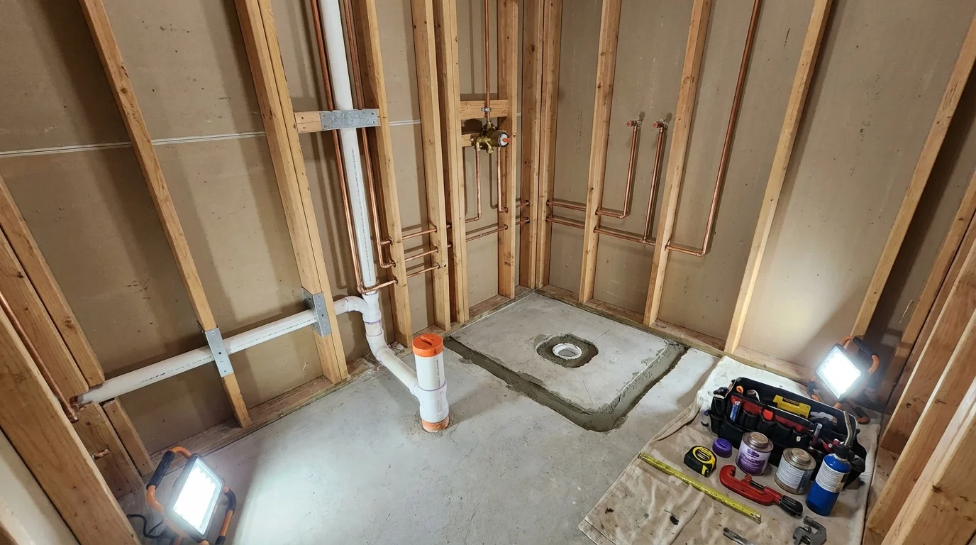 Bathroom rough-in plumbing during remodel by Johns Plumbing LLC in Norcross