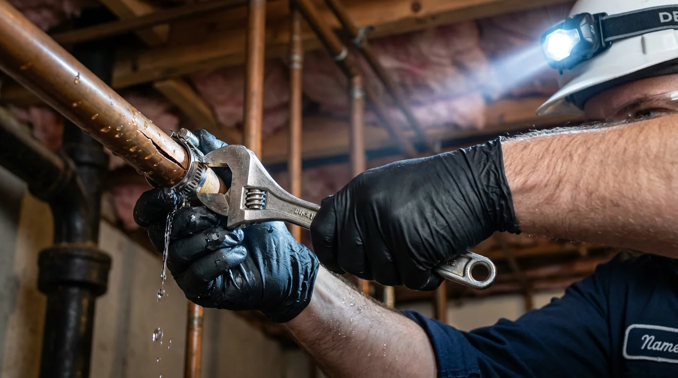 Emergency pipe clamp repair being performed by a Johns Plumbing LLC plumber in Norcross