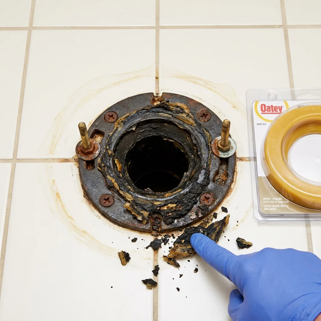 Failed wax ring showing water seepage at the base of a toilet in a Norcross, GA home