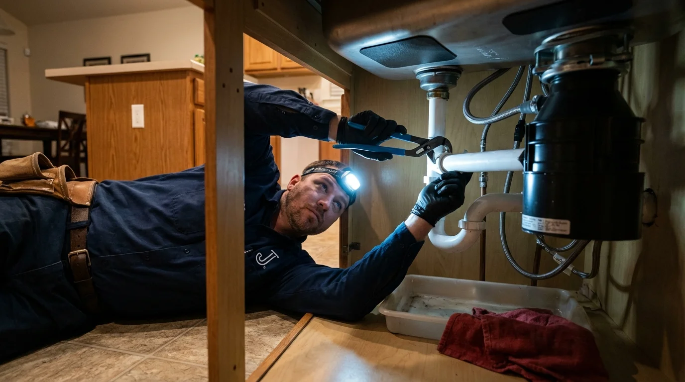 P-trap and supply line connections under a kitchen sink showing a common leak point in Norcross, GA